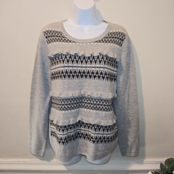 LAST CHANCE - Talbots Gray Black White Nordic Stripe Ruffled Lambswool Sweater - Picture 6 of 6